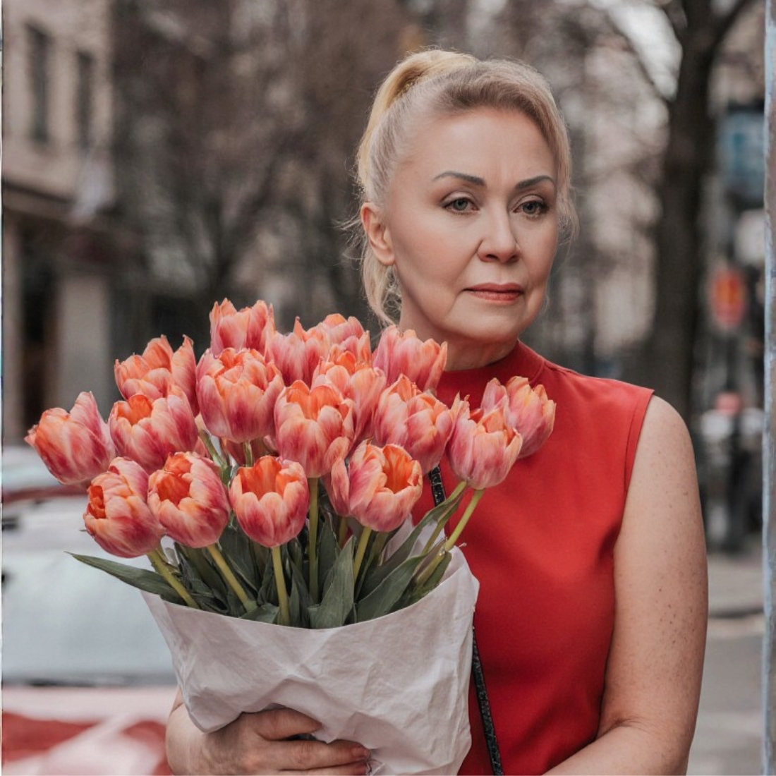 Ирина Андреева с букетом тюльпанов — специалист по применению AI в работе и жизни