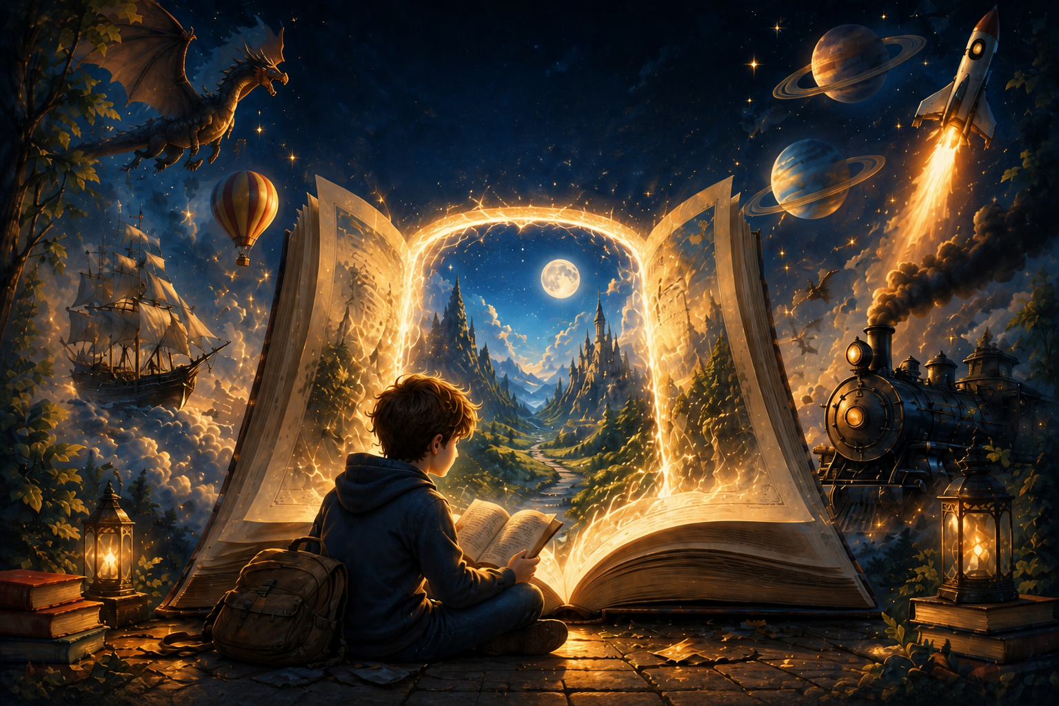 Главный экран приложения «В книгу!» — подросток перед книгой-порталом